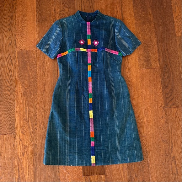 Vintage 1970s Indigo Stripe Embroidered Dress Boho Hippie 70s - Picture 8 of 9